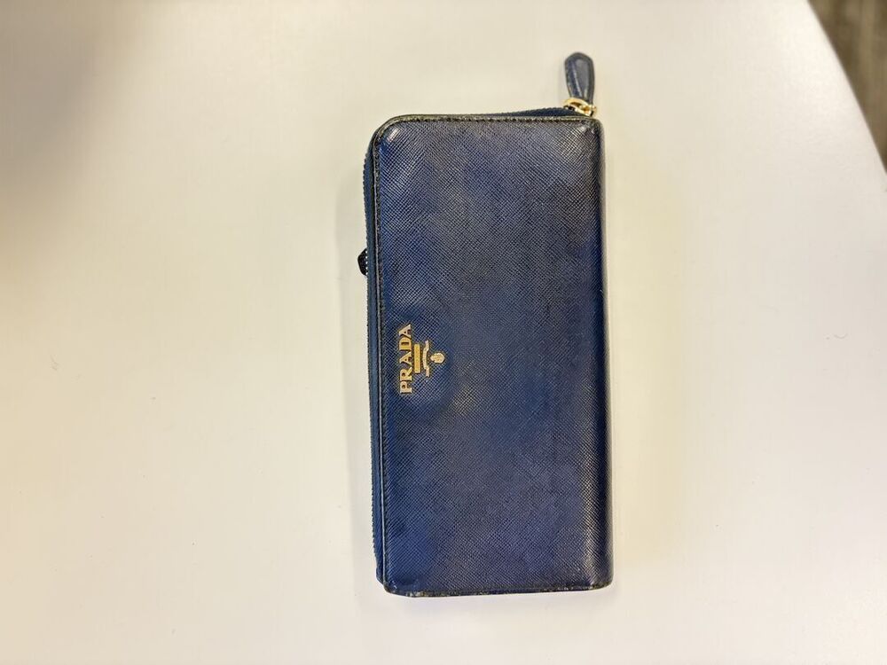 Prada Saffiano Navy Leather Zip Around Wallet